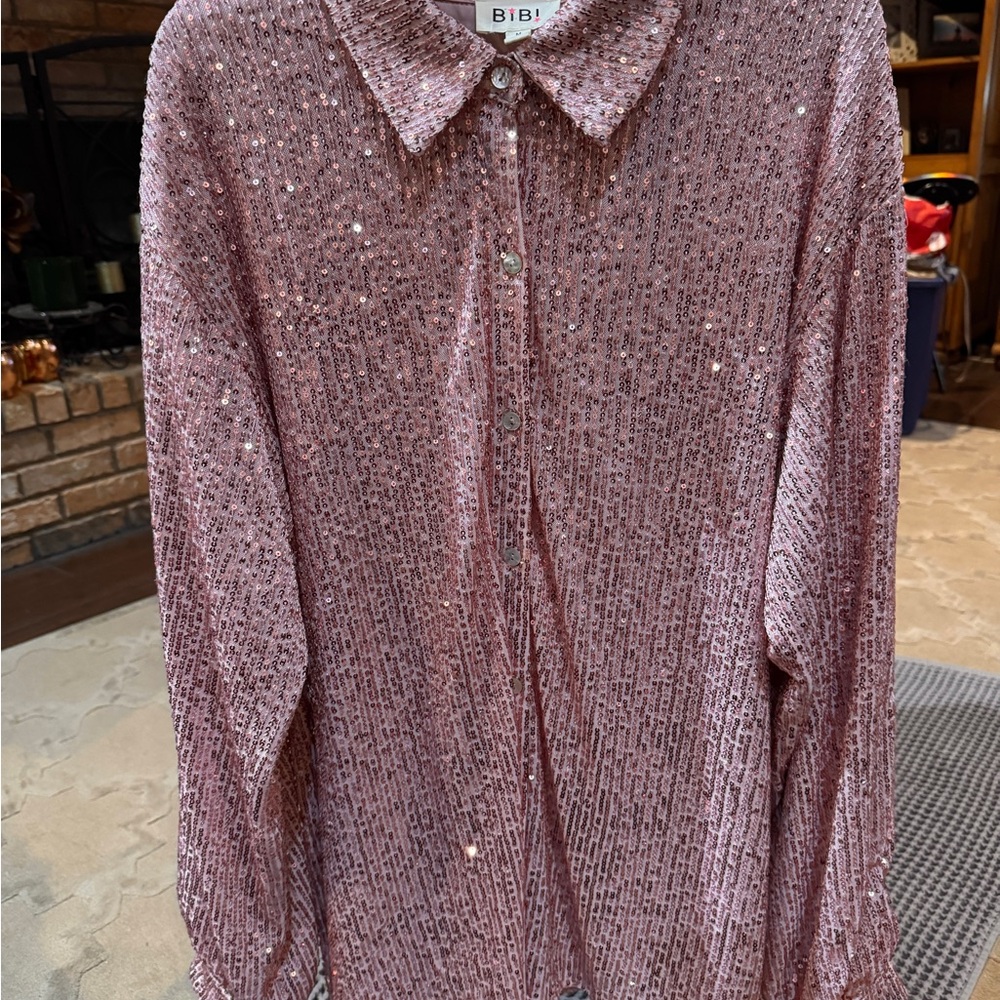 BiBi Pink Sequin Button-Down Shirt